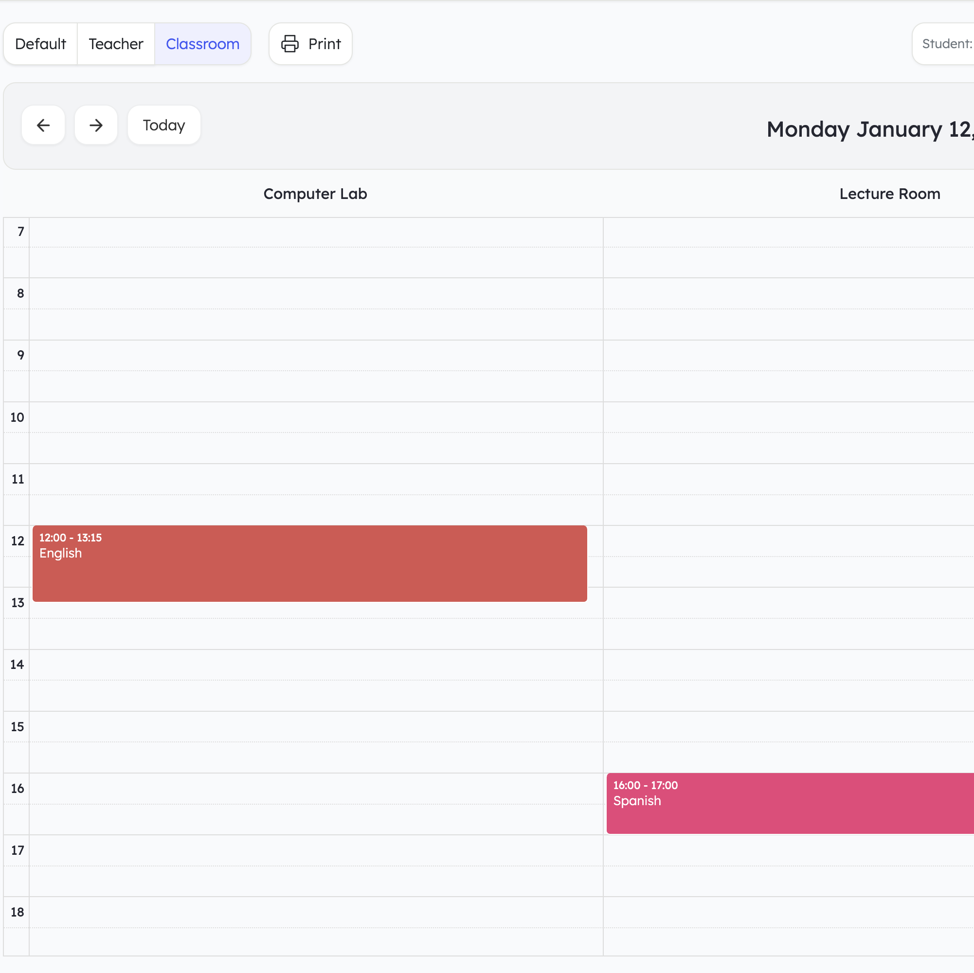 View of rooms and resources linked to classes.