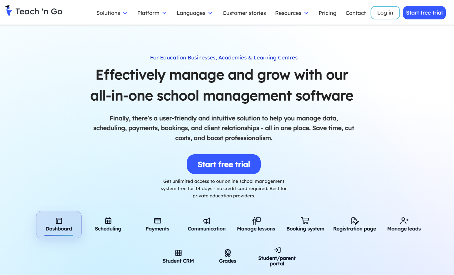 Teach 'n Go homepage — Effectively manage and grow with our all-in-one school management software