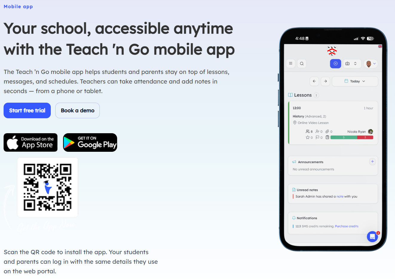 Teach 'n Go mobile app promotional banner — Your school, accessible anytime