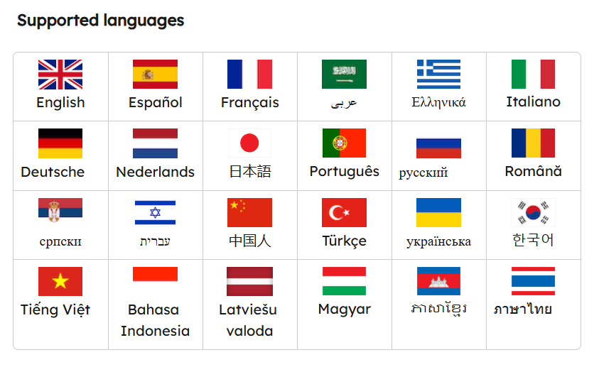 Teach 'n Go Supported languages grid showing 24 flag icons