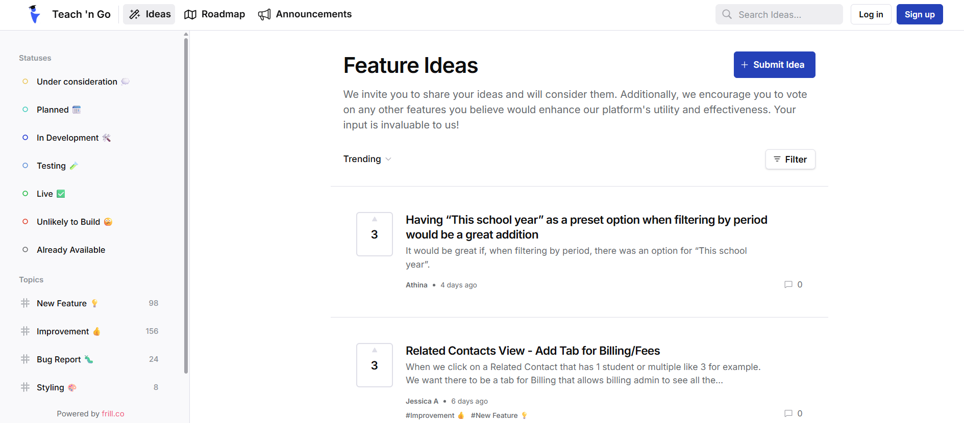 Teach 'n Go feature ideas and roadmap screenshot