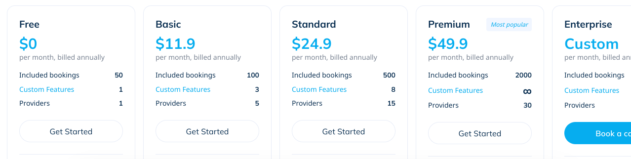SimplyBook.me pricing plans screenshot