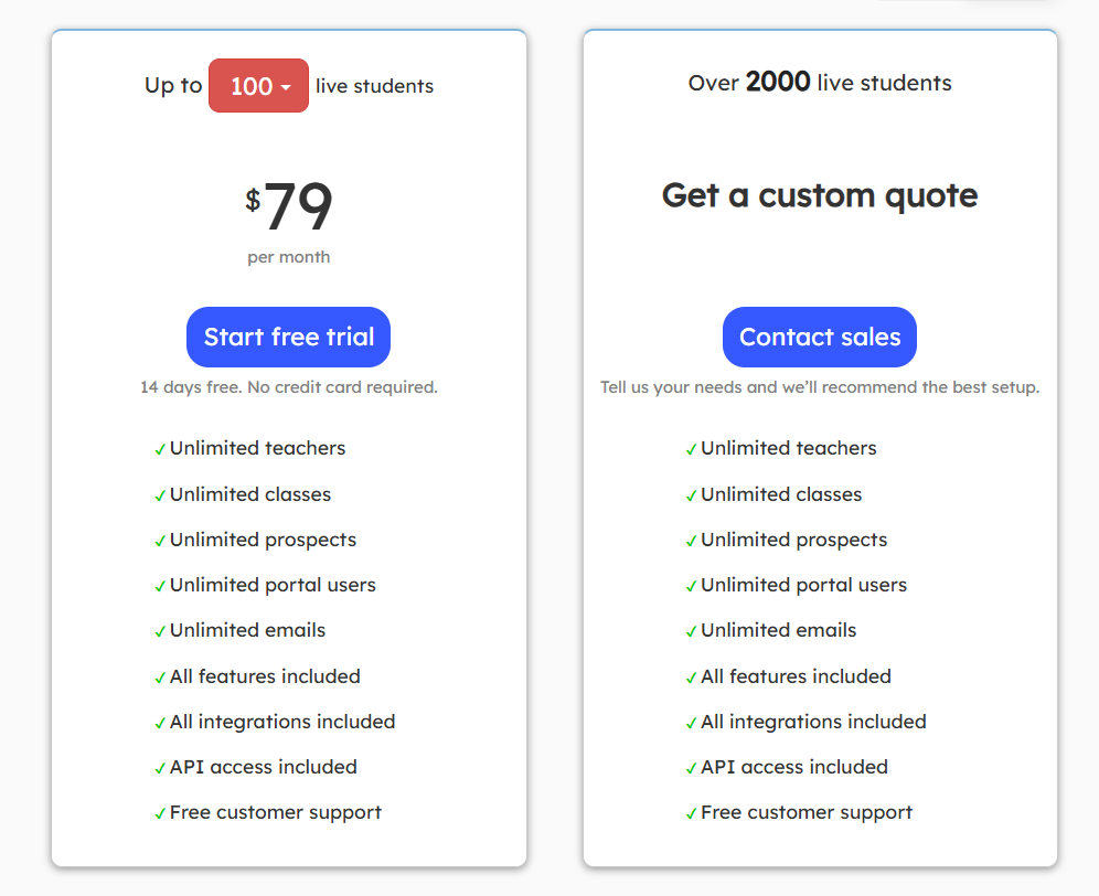 Teach 'n Go pricing page — Up to 100 live students at $79 per month