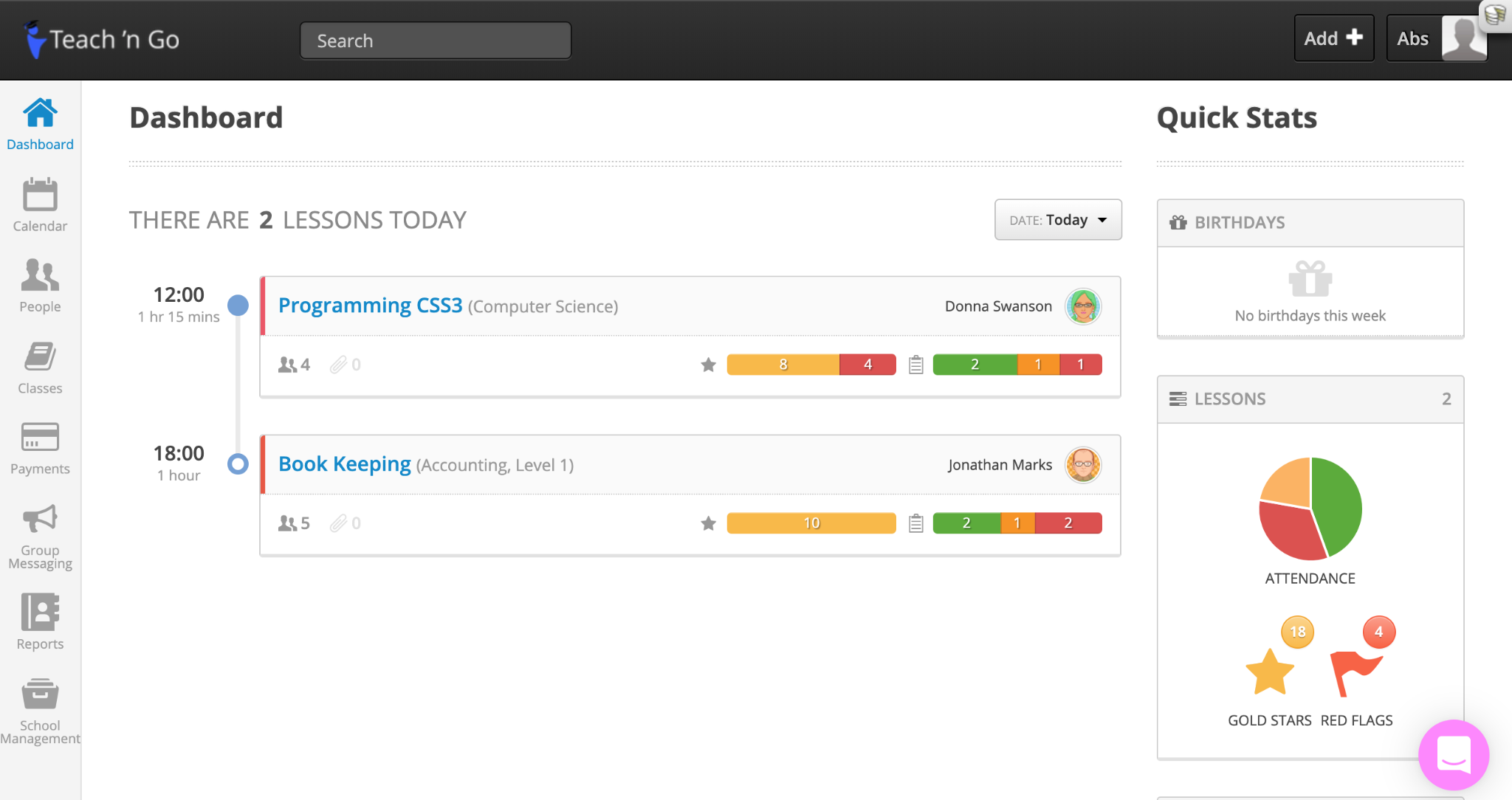 Teach n Go dashboard with Quick Stats showing 2 lessons today