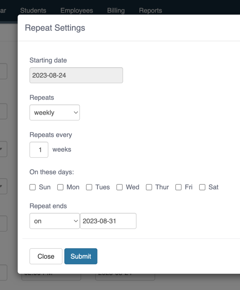 Teachworks repeat settings dialog
