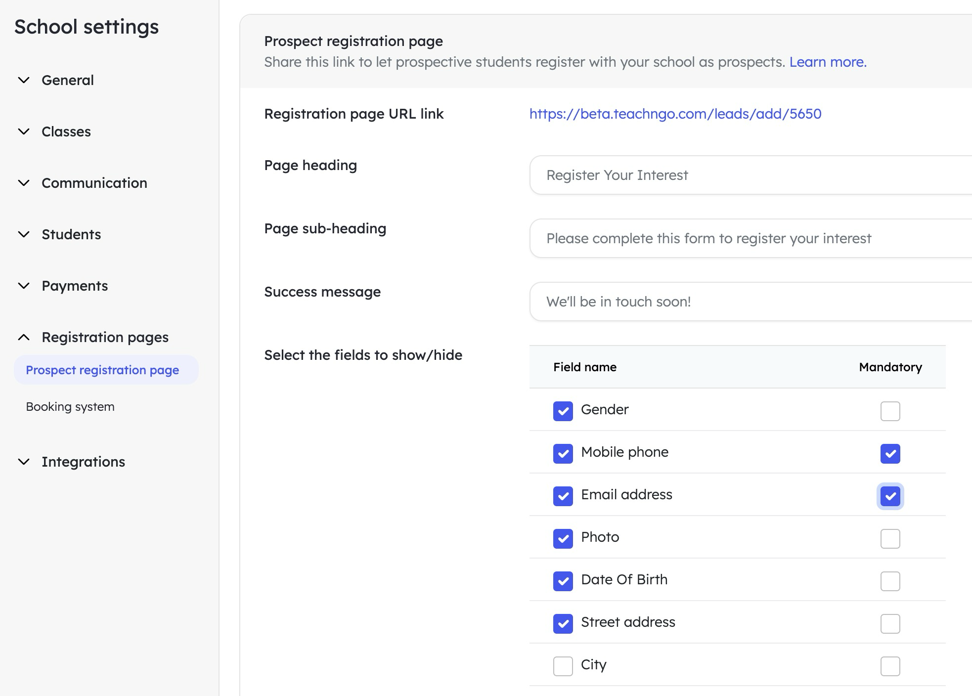 Teach 'n Go Registration Page settings