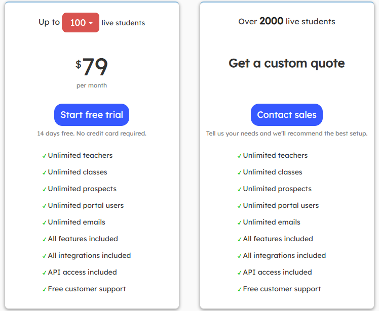 Teach 'n Go pricing tiers — Up to 100 live students $79/month, Over 2000 live students custom quote